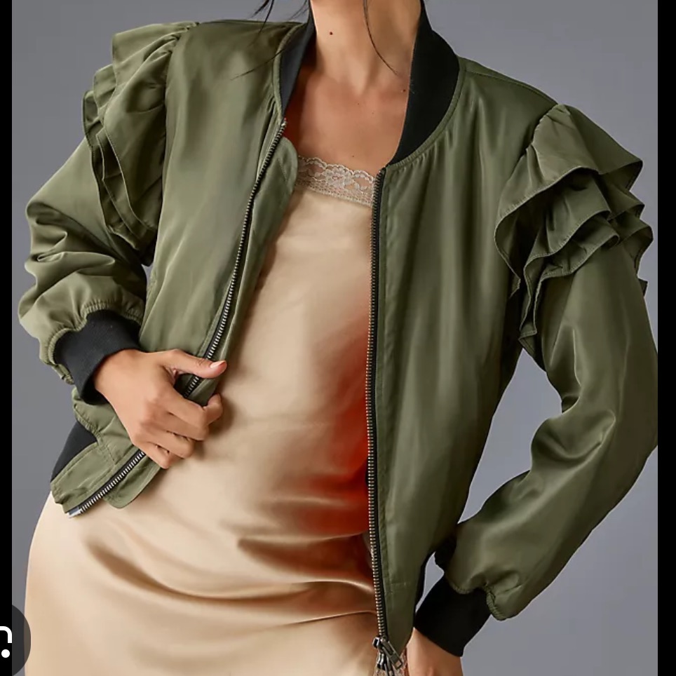 Ruffle-Sleeve Olive Bomber Jacket With Black Trim